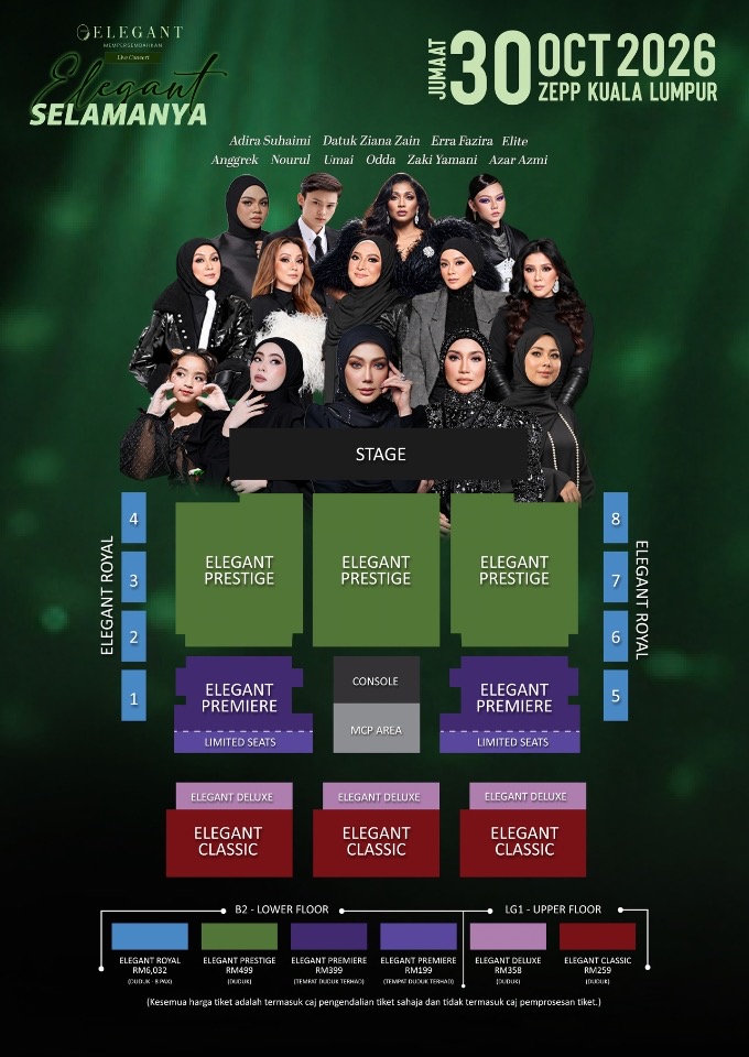 Adira Suhaimi, Datuk Ziana Zain, Erra Fazira, Elite, Anggerek, Nourul, Umai, Odda, Zaki Yamani & Azar Azmi - Konsert Elegant Selamanya concert poster